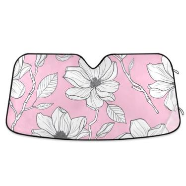 Imagem de Guarda-sol personalizado floral branco rosa claro para para-brisa de carro retrátil dobrável caminhão carro sombra para-brisa frontal automotivo L, 144,8 cm x 80 cm