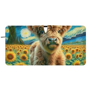 Imagem de Guarda-sol personalizado de vaca highland girassol noite estrelada para para-brisa de carro bonito dobrável sombra de carro para para-brisa dianteiro impressão animal, 81 cm x 157 cm