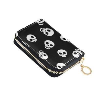 Imagem de Carteiras de cartão de crédito com bloqueio de RFID, carteira feminina de couro com zíper e chaveiro desenho animado caveiras brancas olho preto