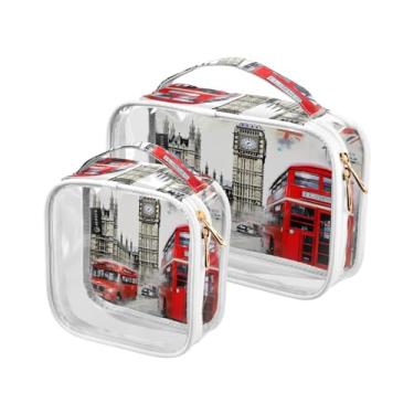 Imagem de GAIGEO Conjunto de 2 sacos de higiene pessoal transparentes coloridos para maquiagem de plástico com zíper para viagem, London Red Bus With Big Ben-1, one size