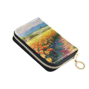 Imagem de GAIGEO Carteiras femininas fofas com bloqueio de RFID, bolsa de moedas pequena com zíper, tuilp, campo de pintura de flores