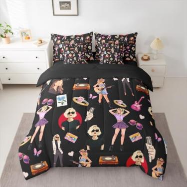Imagem de Conjunto de cama de casal para meninas, cantora, para mulheres, para amantes de música, guitarra, conjunto de 7 peças, edredom com edredom, lençóis, fronha, capa de almofada, preto