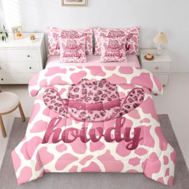 Imagem de Erosebridal Conjunto de edredom Queen com estampa de vaca ocidental para crianças e adolescentes - Lindo conjunto de cama de vaqueira rosa em uma bolsa, chapéu de caubói ocidental, conjunto de cama de