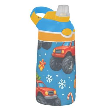 Imagem de Garrafa de água infantil azul Christmas Red Trucks para escola, 473 ml, 473 ml, garrafa de água esportiva Tritan com canudo, copo infantil reutilizável à prova de vazamento, alça de transporte