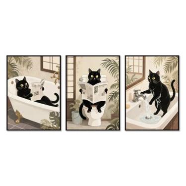 Imagem de Arte de parede em tela de gato preto engraçado na banheira gato fofo lavar suas patas lendo pôster de jornal banheiro impressões animais decoração de parede (SKU4-3PCS, 12 x 18 polegadas = (30 x 45 cm