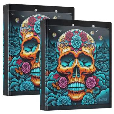 Imagem de Pinturas de flores de caveira azul, fichários de 3 cm, 3 anéis, 200 folhas, caderno, anel redondo, fichário de escritório, 31,5 x 27 x 6 cm, pacote com 2
