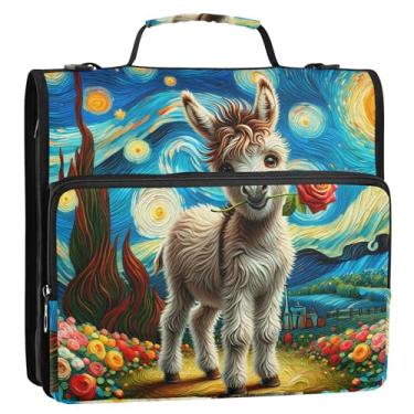 Imagem de Starry Night Cute Burro 3,8 cm Fichário com 3 anéis D fichário com zíper fichário organizador com alça bolsa escolar floral pasta de portfólio de armazenamento com alça