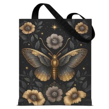 Imagem de QYCFDXD Sacola vintage de lona com flores de borboleta, para mulheres, botânica, escura, estética, reutilizável, bolsa de ombro para compras, compras, viagens, trabalho, praia