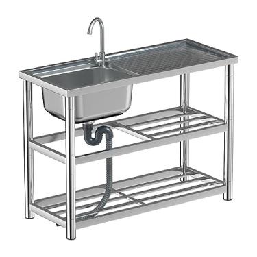 Imagem de Pia de cozinha, pia de aço inoxidável independente, pia industrial com bancada de trabalho e prateleiras de armazenamento, pia comercial/industrial, para estação de trabalho, cozinha ao ar livre ou