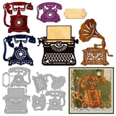 Imagem de MAYJOYDIY Cortes de metal antiquados para telefone vintage, matrizes de corte de máquina de escrever, modelo de gravação de fonógrafo retrô, estênceis de corte de aço carbono para fazer cartões, álbum