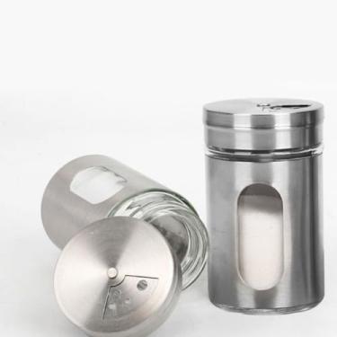 Imagem de Kit Com 02 Potes Saleiros Porta Condimentos Temperos Especiarias Pimenta Multiuso 90ml Vidro Resistente Revestido Em Inox Com Visor