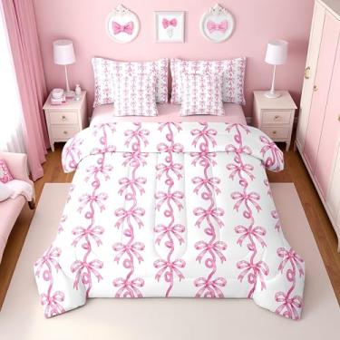 Imagem de Erosebridal Jogo de cama queen com laço rosa para meninas | Conjunto de edredom com laço rosa com laço rosa com lençol para crianças e mulheres, lençol de cima com elástico e laço de coquete fofo