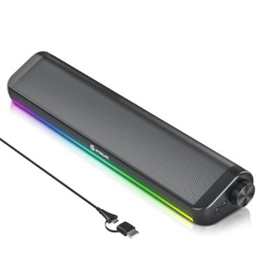 Imagem de GTIMLMC Alto-falantes de computador para PC desktop, 5 modos de luz LED RGB dinâmicos, entrada com fio USB, botão de controle fácil, barra de som estéreo para jogos para monitor de laptop