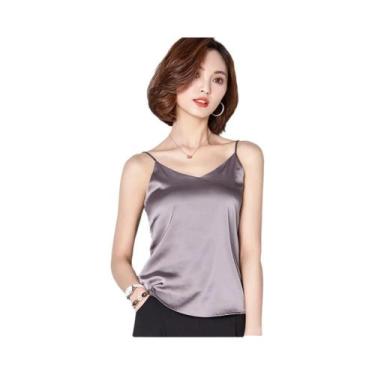 Imagem de Camisetas De Verão Femininas Em Seda Satin Sem Mangas Com Alças Finas 