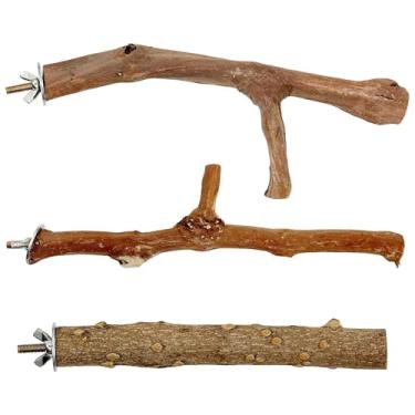Imagem de Woohome 3 peças de suporte de papagaio de madeira natural, 2 poleiros de madeira de uva, 1 suporte, garfo de moagem de patas, suporte de poleiro de pássaro para acessórios de gaiola, calopsitas