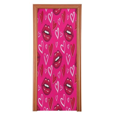 Imagem de ATTX Capa de porta frontal com lábios e corações vermelhos - tecido elástico lavável decoração de férias para festas, casa, decoração de porta da frente, 36 x 98 polegadas (399)