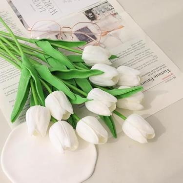 Imagem de 10 peças de flores artificiais simuladas de tulipa interna, arranjos de flores falsas para decoração de sala de estar em casa (10 peças brancas)
