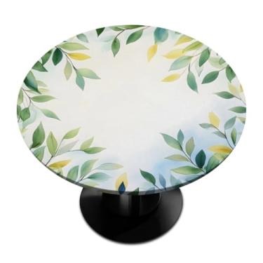 Imagem de Pardick Elegante toalha de mesa redonda de folhas com borda elástica, toalha de mesa impermeável, limpável, para piquenique, pátio, serve para mesas de até 114 a 142 cm de diâmetro