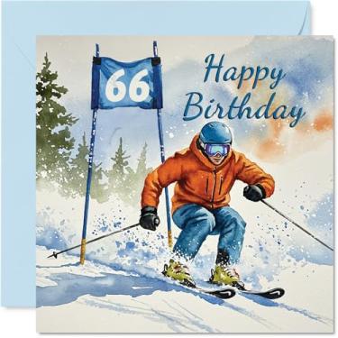 Imagem de Stuff4 Cartões de aniversário de 66 anos para mulheres e homens - Celebração de esqui - Cartão de feliz aniversário para mulher de 66 anos homem irmã irmão babá primo, cartões comemorativos de