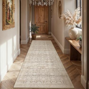 Imagem de WondRg Tapete de corredor neutro lavável 9 x 20 cm bege para sala de estar floral antiderrapante corredor de pelo baixo interior vintage tradicional resistente a manchas tapete envelhecido cozinha