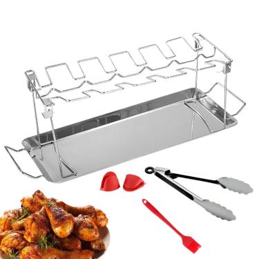 Imagem de Rack de coxinha de frango, suporte de perna de frango - Ferramentas para grelhar com suporte para torrador de aço inoxidável com 12 slots | Acessórios para churrasco de rack de grelha de frango com pi