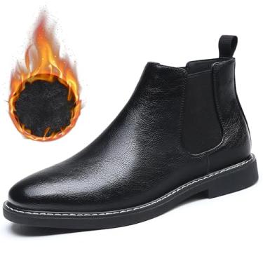 Imagem de Chelsea Botas masculinas casuais confortáveis sem cadarço, cano baixo, bico redondo, couro PU, elegante, cano alto, sapatos de trabalho, Pele preta, 38 BR