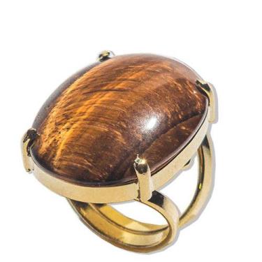 Imagem de Anel Olho de Tigre Oval Pedra Natural Dourado Aro Ajustável - Cristais