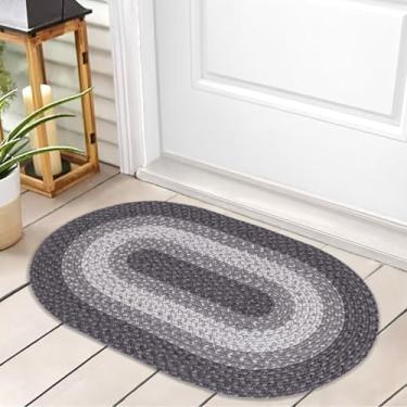 Imagem de RCTJHOME Tapete trançado oval de 6 cm x 7 cm com fitas antiderrapantes, tapete de entrada impermeável de polipropileno, tapetes internos/externos para porta da frente/traseira, tapetes laváveis para