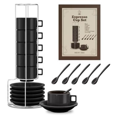 Imagem de Houseables Conjunto de xícaras de café expresso, empilháveis, Expresso, Demitasse, com pires, suporte, colheres, canecas de café, Juego De Tazas Para Café, porcelana, empilhável, 19 peças, conjunto de