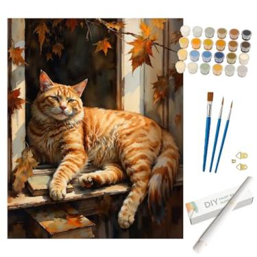 Imagem de Kit de pintura animal por números para adultos - DIY gato malhado laranja em livros, pintura enrolada em tela, 40,6 x 50 cm, conjunto de tinta acrílica, adequado para iniciantes, arte para decoração