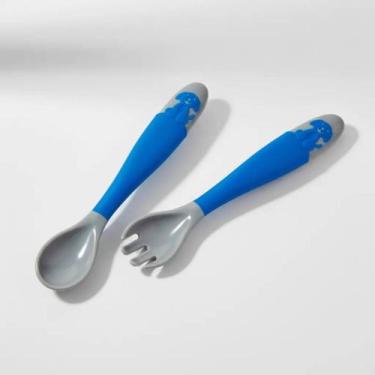 Imagem de Colher E Garfo Articulável Clingo 6m+ Macio Bebê Anatômico, Azul