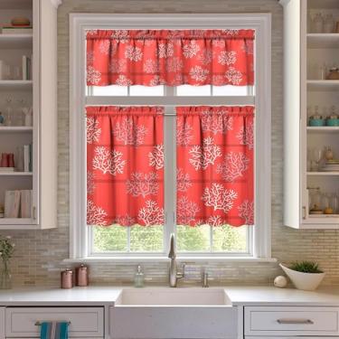 Imagem de Nojuikm Conjunto de 3 peças de cortinas e sanefas de cozinha coral engraçadas para decoração de janela pequena cortinas sobre a pia para cozinha, quarto, lavanderia, decoração de casa 70 x 91 cm