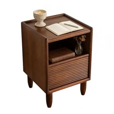 Imagem de Mesa de cabeceira de madeira maciça com gavetas, mesa de cabeceira de nogueira, mesa de canto com prateleira de armazenamento aberta, mesa de cabeceira moderna de meados do século com pernas sólidas