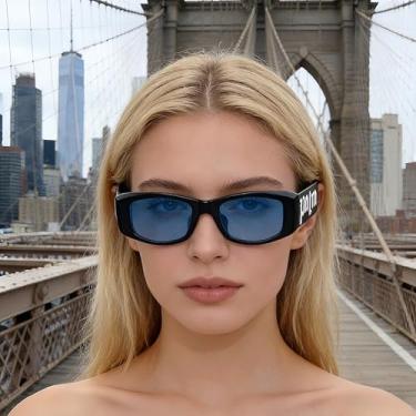 Imagem de Óculos de sol quadrados para mulheres e homens, óculos de sol modernos estilo punk hip-hop com estampa de letras, armação preta, lente azul, proteção UV para atividades ao ar livre