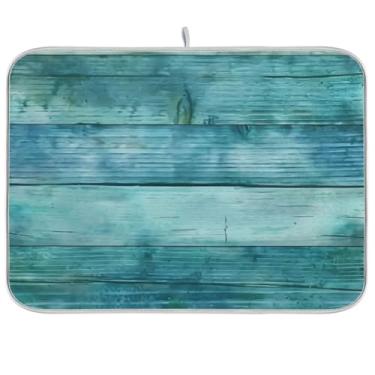 Imagem de Tapete de prato para balcão de cozinha, tapete de secagem de madeira em aquarela azul-petróleo absorvente tapetes escorredor de pratos trivet 45 x 61 cm