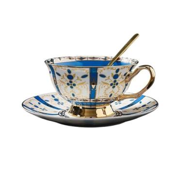 Imagem de Xícara de chá da tarde retrô moderna de alta qualidade para cinema e televisão xícara de café leve chinesa com pires e colher (azul)