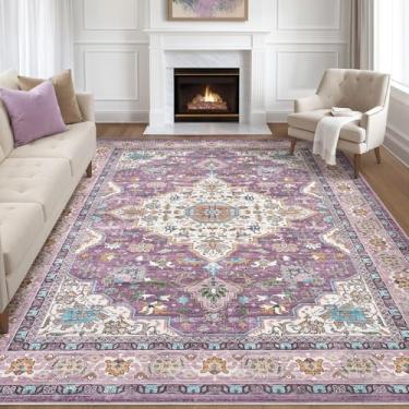 Imagem de Tapete roxo 20 x 25 cm, sala de estar: lavável, boho, grande, neutro, vintage, macio, resistente a manchas, casa de fazenda, antiderrapante, para quarto, berçário, sala de jogos, escritório, sala de
