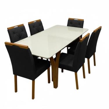 Imagem de Mesa de Jantar Agata 180x90cm com Vidro e 6 Cadeiras Jasmim em Veludo 