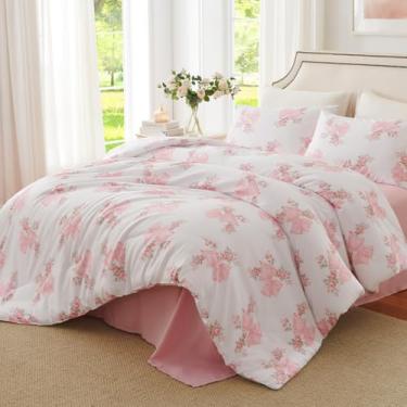 Imagem de CCoutueChen Conjunto de edredom com laço rosa, 2 peças, floral, rosa, fofo, romântico, estilo princesa, laço, microfibra, jardim, flor, 1 fronha