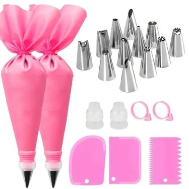 Imagem de Conjunto de 21 sacos de confeitar e pontas com 12 pontas de aço inoxidável, 2 sacos de confeitar reutilizáveis, 2 acopladores, 3 raspadores e 2 anéis de silicone, kit de ferramentas de decoração de