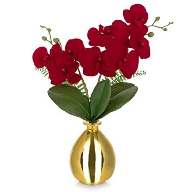 Imagem de Orquídeas vermelhas, flores artificiais, orquídeas falsas em vaso de vidro, toque real, pequenos arranjos de flores de orquídea Phalaenopsis com vaso dourado, peça central para mesa de sala de jantar