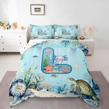 Imagem de Erosebridal Jogo de cama Queen Axolotl para meninas, meninos, letra G, fofo, azul, oceano, salamandra, desenho animado axolotl, monograma, edredom para crianças, adolescentes e adultos