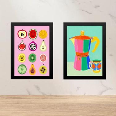 Imagem de Kit 2 Quadros Coloridos Cozinha Café E Frutas 45X34Cm Vidro