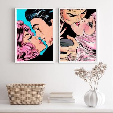 Imagem de Quadros Casais Beijo Pop Art 33X24Cm Vidro Moldura Preta