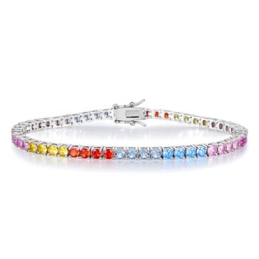 Imagem de GEMSME Pulseira de tênis feminina de 3,0 mm - pulseira de zircônia cúbica arco-íris, banhado a ouro branco 14 quilates, multicolorido, corte redondo, zircônia cúbica para presente de joias, 6.5 inch