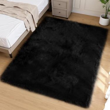 Imagem de Goolela Tapete de pele sintética 12,7 x 20,3 cm, preto, lavável para sala de estar, grande, felpudo, tapete de pele de carneiro para quarto, tapete felpudo fofo para decoração de casa, retangular