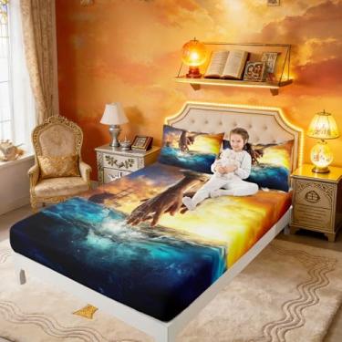 Imagem de Jogo de lençol casal infantil The Hand of God, God Reaching Into Water, decoração de quarto bíblico, oceano azul ocidental, laranja, 2 fronhas (não planas)