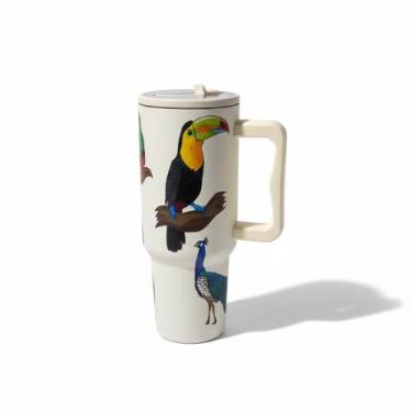 Imagem de Copo Térmico 1200ml MS-959 Estampado Pássaro com Alça, Canudo e Tampa 