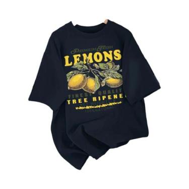 Imagem de Camiseta Feminina Solta De Algodão Com Estampa De Limão, Gola Redonda,