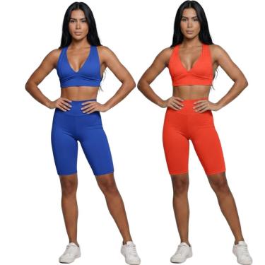 Imagem de KIT 2 Conjunto Top Bojo e Bermuda Ciclista Vekyo Roupa Para Academia Treino Moda Fitness Musculação-Feminino